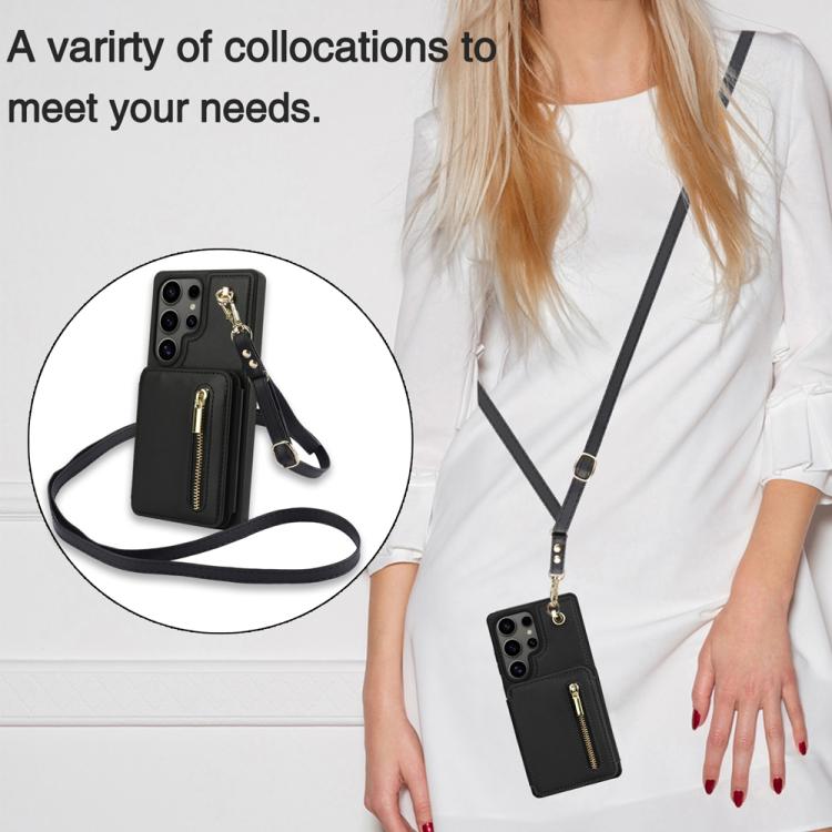 For Samsung Galaxy S25 Ultra 5G YM006 Skin Feel Zipper Card Bag Phone Case with Dual Lanyard
