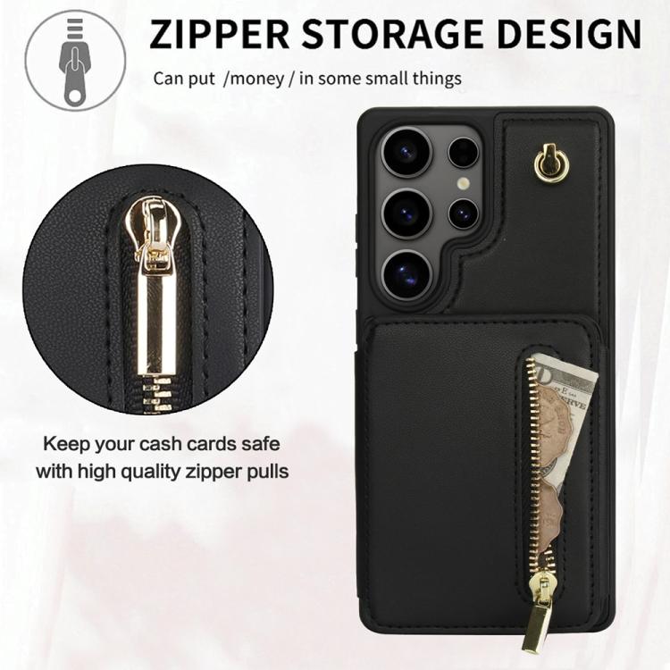 For Samsung Galaxy S25 Ultra 5G YM006 Skin Feel Zipper Card Bag Phone Case with Dual Lanyard