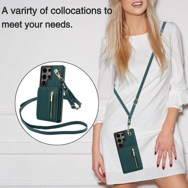For Samsung Galaxy S25 Ultra 5G YM006 Skin Feel Zipper Card Bag Phone Case with Dual Lanyard