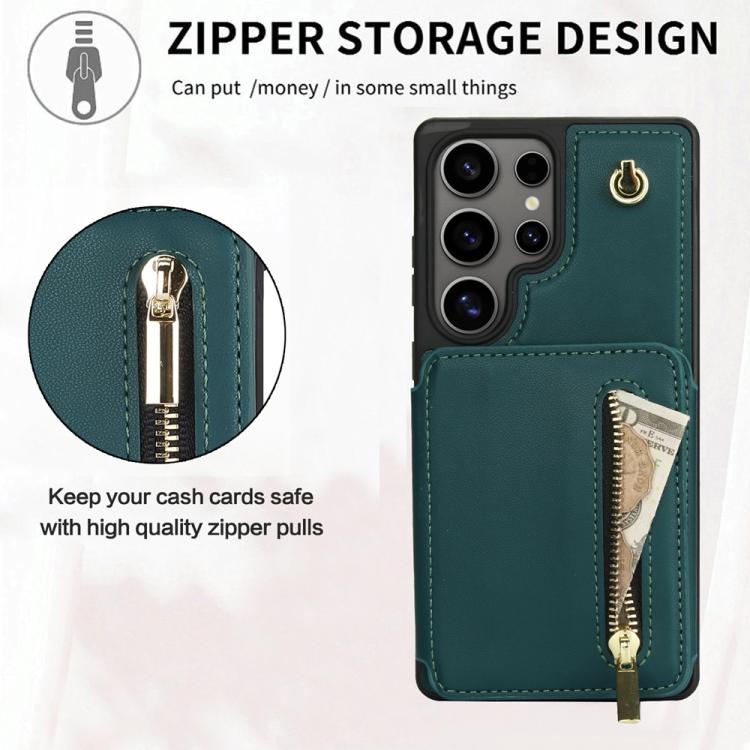 For Samsung Galaxy S25 Ultra 5G YM006 Skin Feel Zipper Card Bag Phone Case with Dual Lanyard