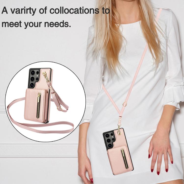 For Samsung Galaxy S25 Ultra 5G YM006 Skin Feel Zipper Card Bag Phone Case with Dual Lanyard