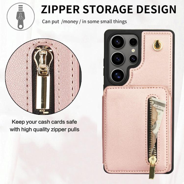 For Samsung Galaxy S25 Ultra 5G YM006 Skin Feel Zipper Card Bag Phone Case with Dual Lanyard