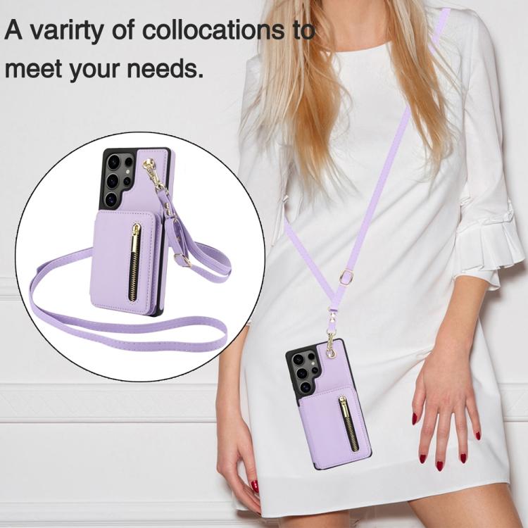 For Samsung Galaxy S25 Ultra 5G YM006 Skin Feel Zipper Card Bag Phone Case with Dual Lanyard