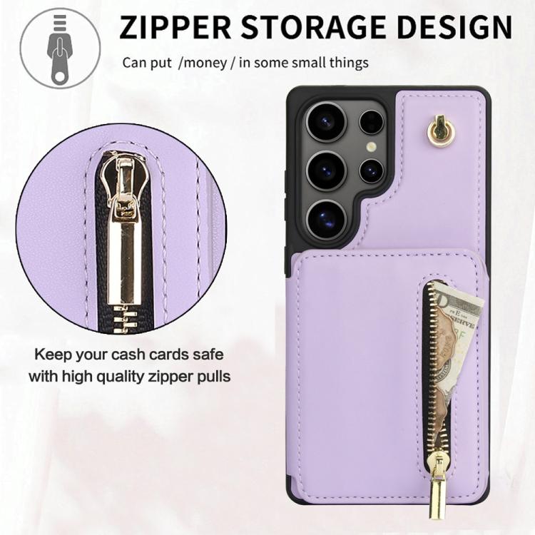 For Samsung Galaxy S25 Ultra 5G YM006 Skin Feel Zipper Card Bag Phone Case with Dual Lanyard