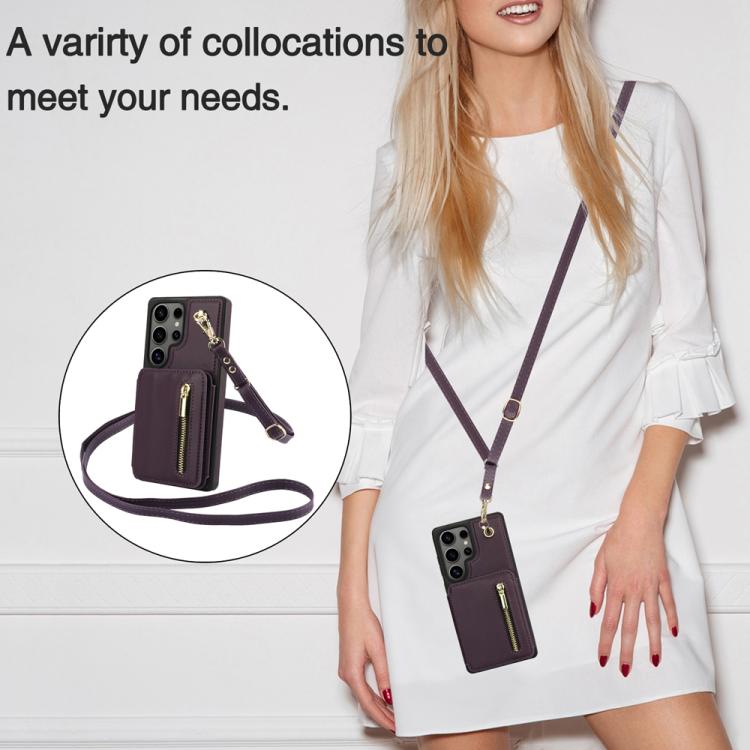 For Samsung Galaxy S25 Ultra 5G YM006 Skin Feel Zipper Card Bag Phone Case with Dual Lanyard