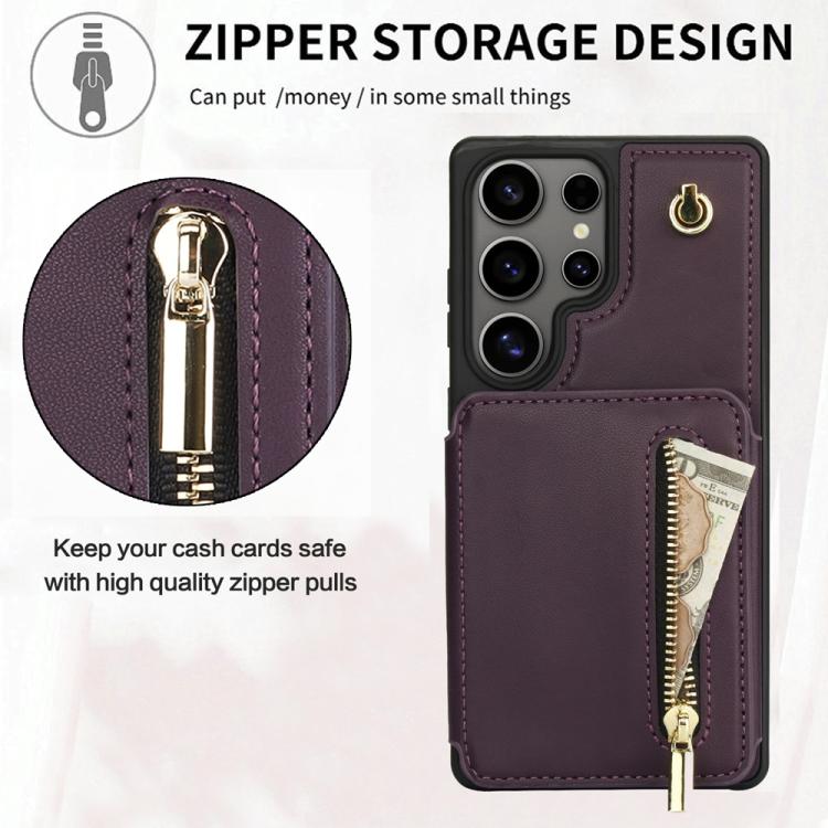 For Samsung Galaxy S25 Ultra 5G YM006 Skin Feel Zipper Card Bag Phone Case with Dual Lanyard