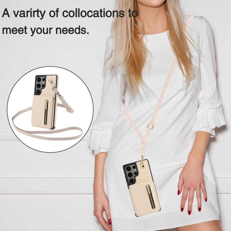 For Samsung Galaxy S25 Ultra 5G YM006 Skin Feel Zipper Card Bag Phone Case with Dual Lanyard