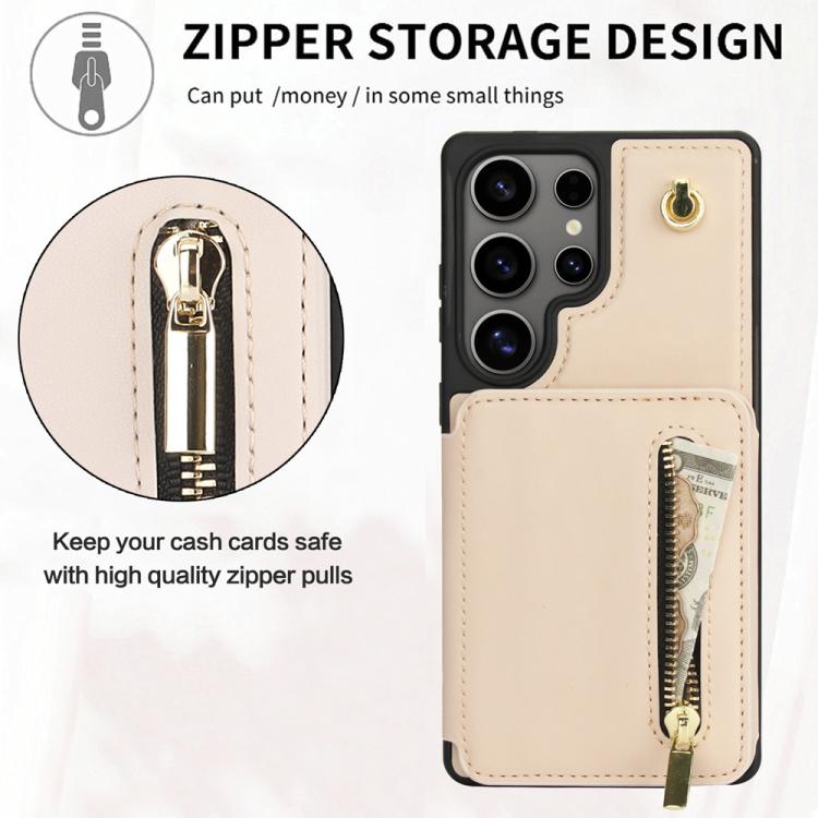For Samsung Galaxy S25 Ultra 5G YM006 Skin Feel Zipper Card Bag Phone Case with Dual Lanyard