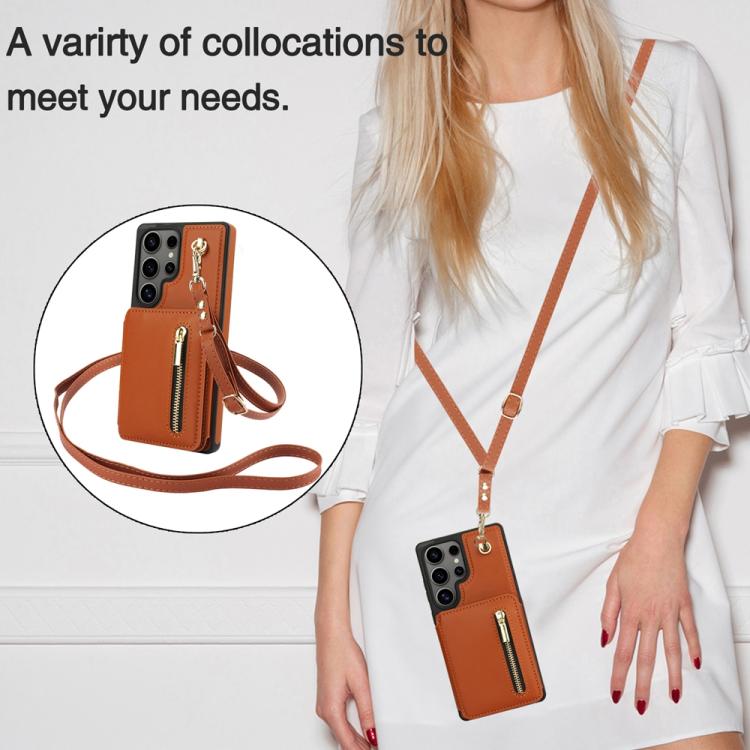 For Samsung Galaxy S25 Ultra 5G YM006 Skin Feel Zipper Card Bag Phone Case with Dual Lanyard