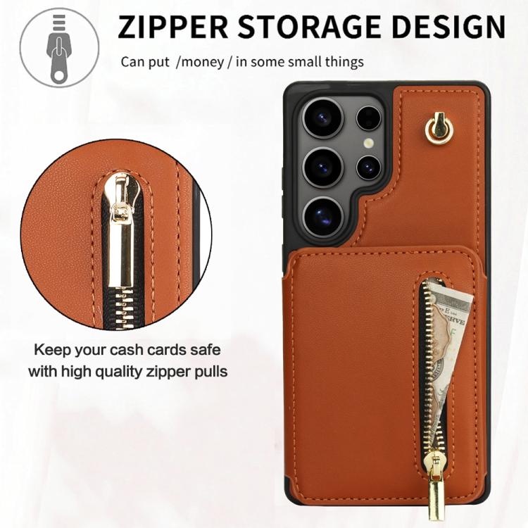 For Samsung Galaxy S25 Ultra 5G YM006 Skin Feel Zipper Card Bag Phone Case with Dual Lanyard
