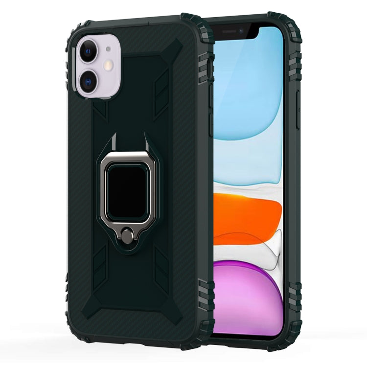 For iPhone 12 / 12 Pro Carbon Fiber Protective Case with 360 Degree Rotating Ring Holder(Green)