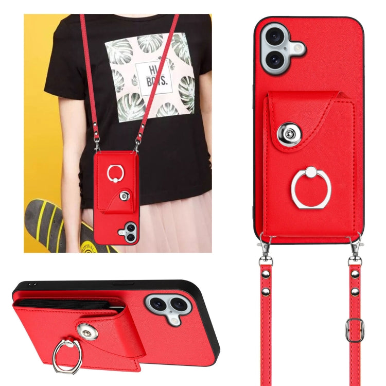 For iPhone 16 Plus Organ Card Bag Ring Holder Phone Case with Long Lanyard