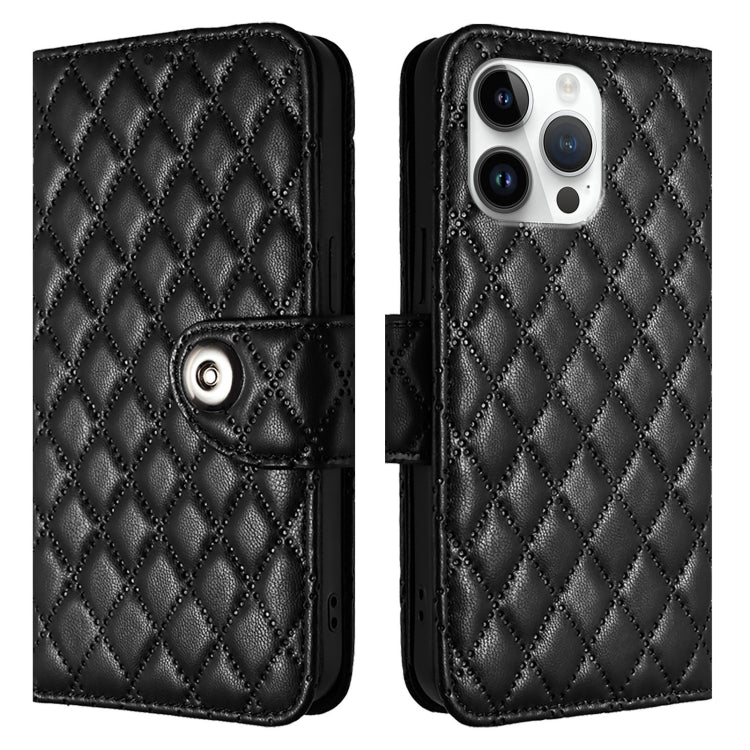 For iPhone 16 Pro Max Rhombic Texture Flip Leather Phone Case with Lanyard