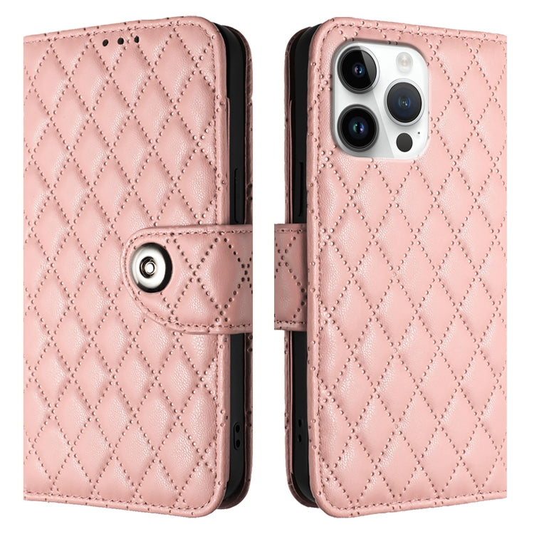 For iPhone 16 Pro Max Rhombic Texture Flip Leather Phone Case with Lanyard