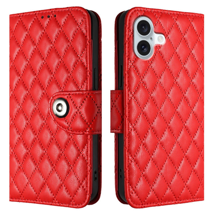 For iPhone 16 Plus Rhombic Texture Flip Leather Phone Case with Lanyard