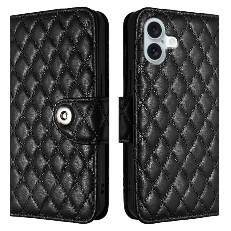 For iPhone 16 Plus Rhombic Texture Flip Leather Phone Case with Lanyard