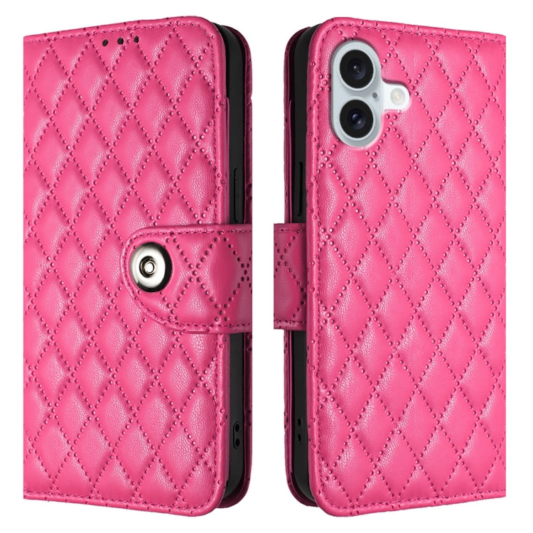 For iPhone 16 Plus Rhombic Texture Flip Leather Phone Case with Lanyard