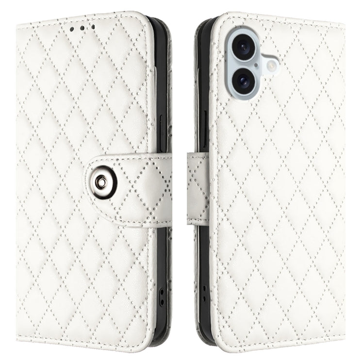 For iPhone 16 Plus Rhombic Texture Flip Leather Phone Case with Lanyard