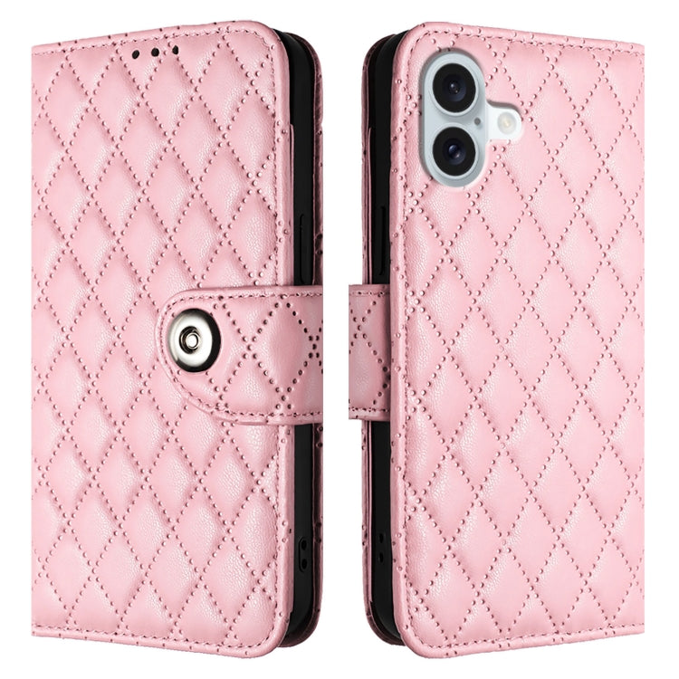 For iPhone 16 Plus Rhombic Texture Flip Leather Phone Case with Lanyard