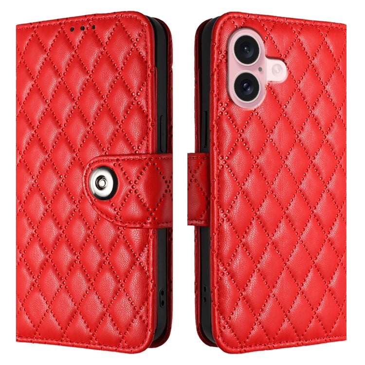 For iPhone 16 Rhombic Texture Flip Leather Phone Case with Lanyard