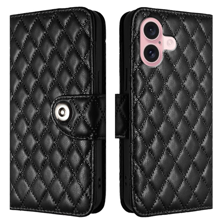 For iPhone 16 Rhombic Texture Flip Leather Phone Case with Lanyard