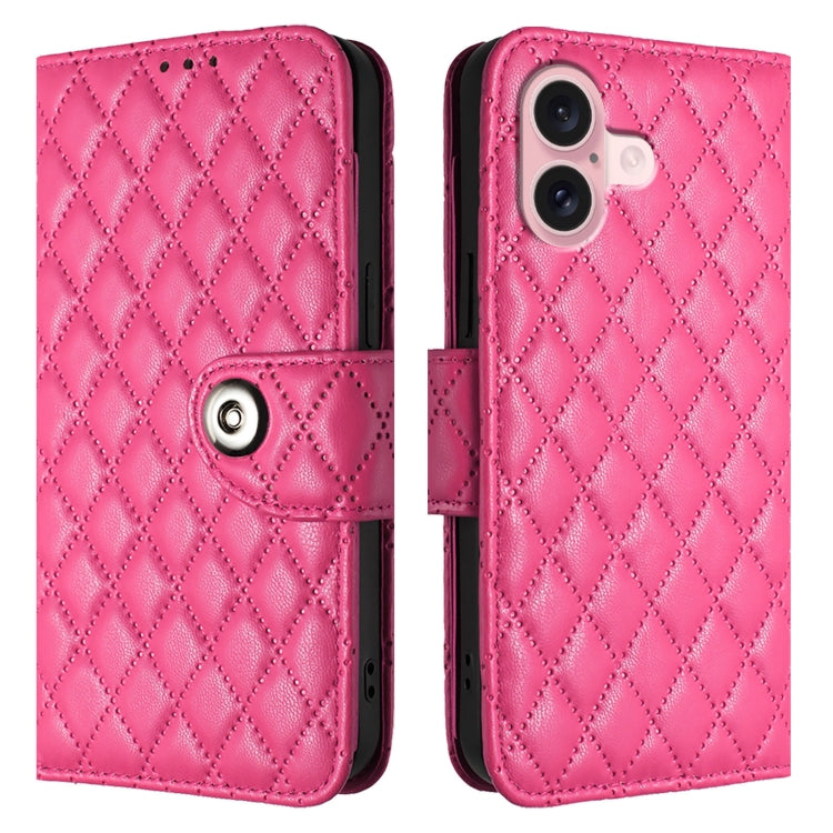 For iPhone 16 Rhombic Texture Flip Leather Phone Case with Lanyard