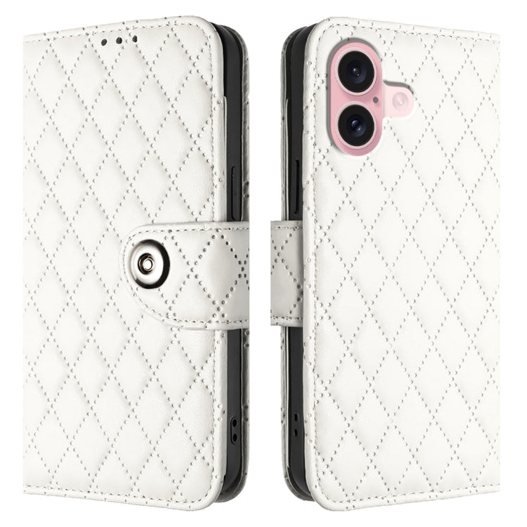 For iPhone 16 Rhombic Texture Flip Leather Phone Case with Lanyard