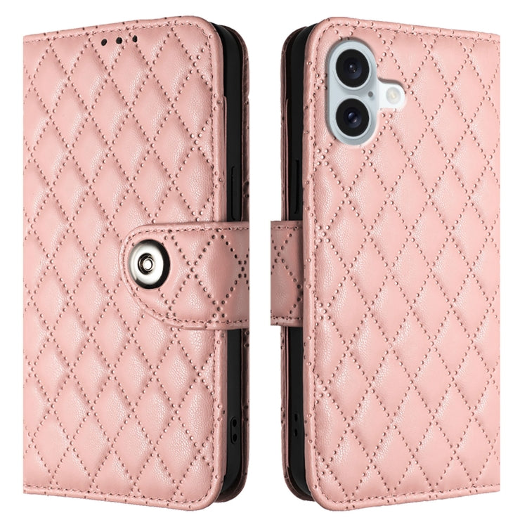 For iPhone 16 Rhombic Texture Flip Leather Phone Case with Lanyard