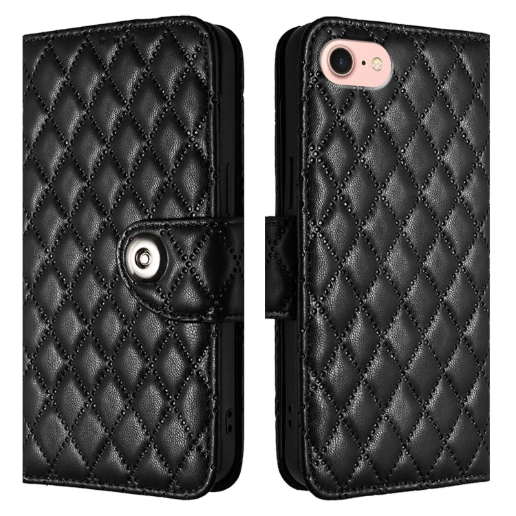 For iPhone SE 2024 Rhombic Texture Flip Leather Phone Case with Lanyard