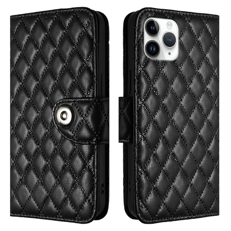 For iPhone 11 Pro Rhombic Texture Flip Leather Phone Case with Lanyard