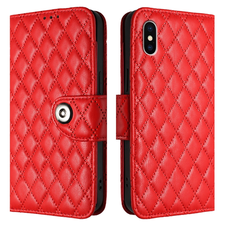 For iPhone XS / X Rhombic Texture Flip Leather Phone Case with Lanyard