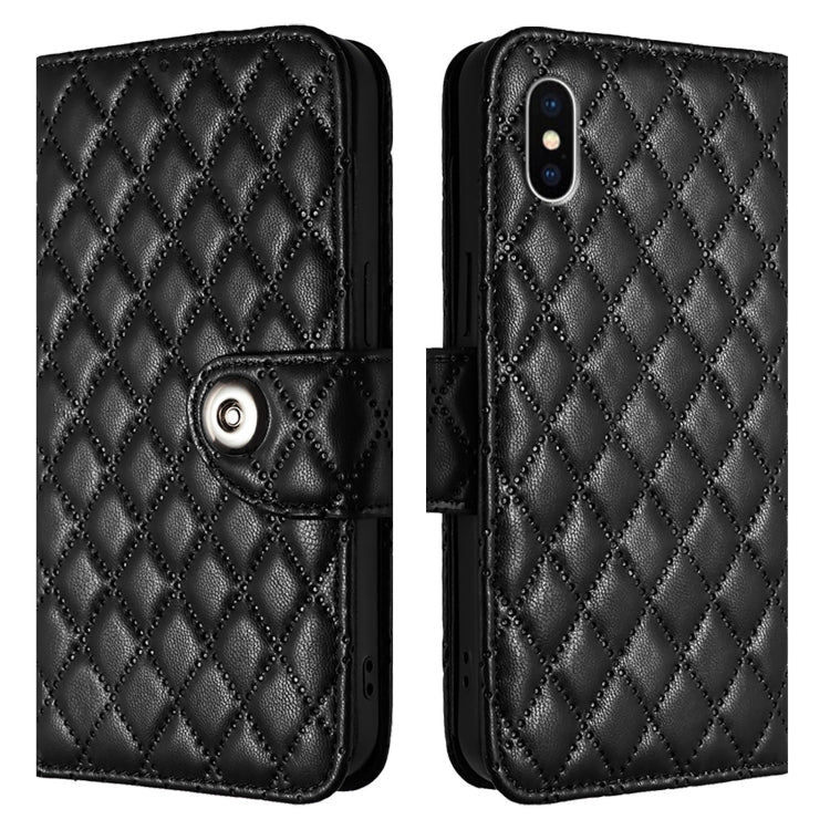 For iPhone XS / X Rhombic Texture Flip Leather Phone Case with Lanyard