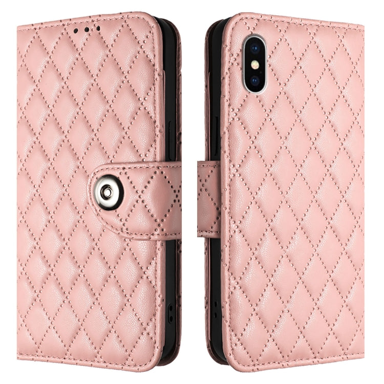 For iPhone XS / X Rhombic Texture Flip Leather Phone Case with Lanyard