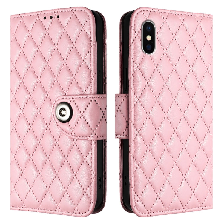For iPhone XS / X Rhombic Texture Flip Leather Phone Case with Lanyard