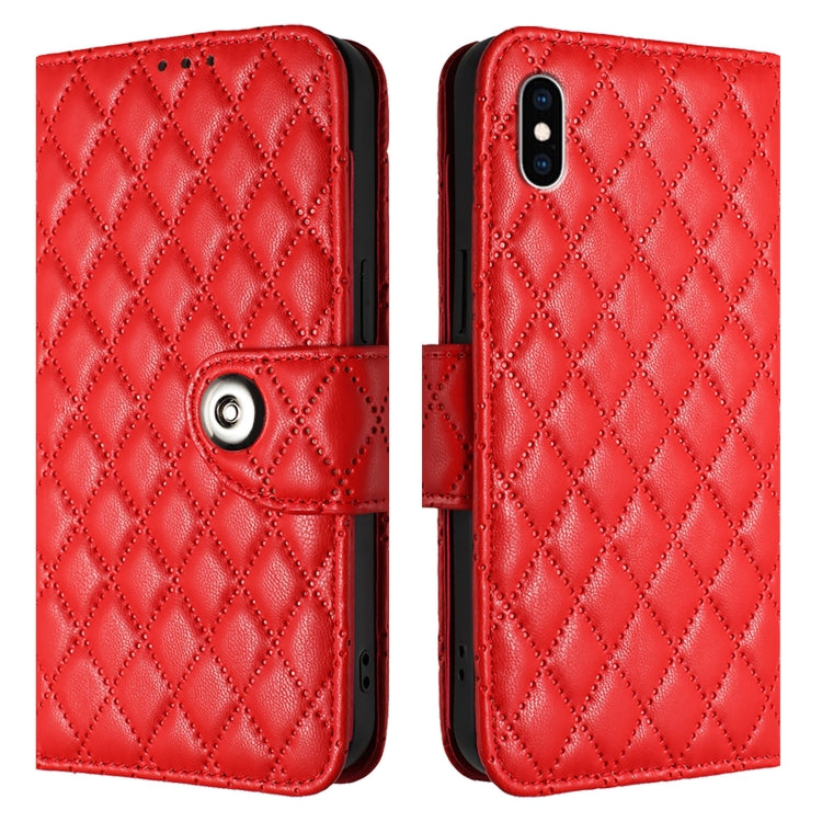 For iPhone XS Max Rhombic Texture Flip Leather Phone Case with Lanyard