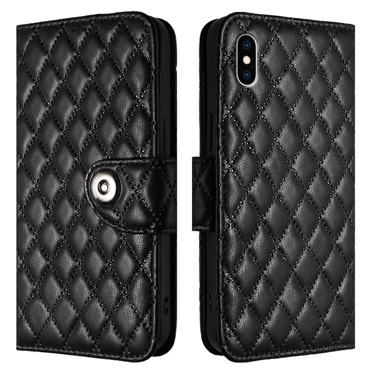 For iPhone XS Max Rhombic Texture Flip Leather Phone Case with Lanyard