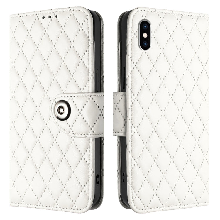 For iPhone XS Max Rhombic Texture Flip Leather Phone Case with Lanyard