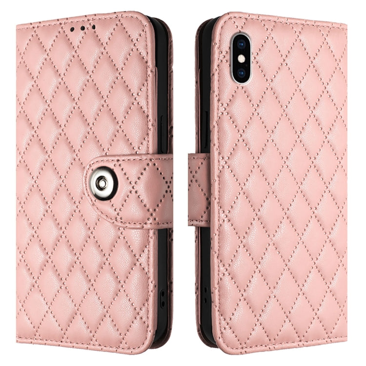 For iPhone XS Max Rhombic Texture Flip Leather Phone Case with Lanyard