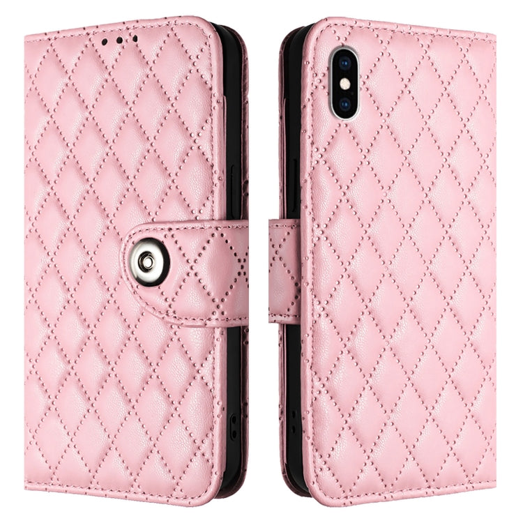 For iPhone XS Max Rhombic Texture Flip Leather Phone Case with Lanyard