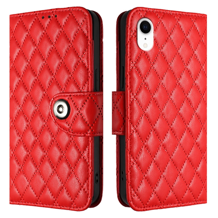 For iPhone XR Rhombic Texture Flip Leather Phone Case with Lanyard