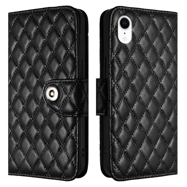 For iPhone XR Rhombic Texture Flip Leather Phone Case with Lanyard