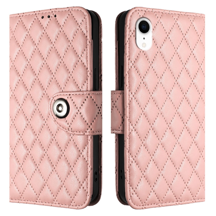 For iPhone XR Rhombic Texture Flip Leather Phone Case with Lanyard