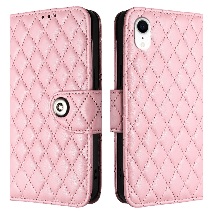For iPhone XR Rhombic Texture Flip Leather Phone Case with Lanyard