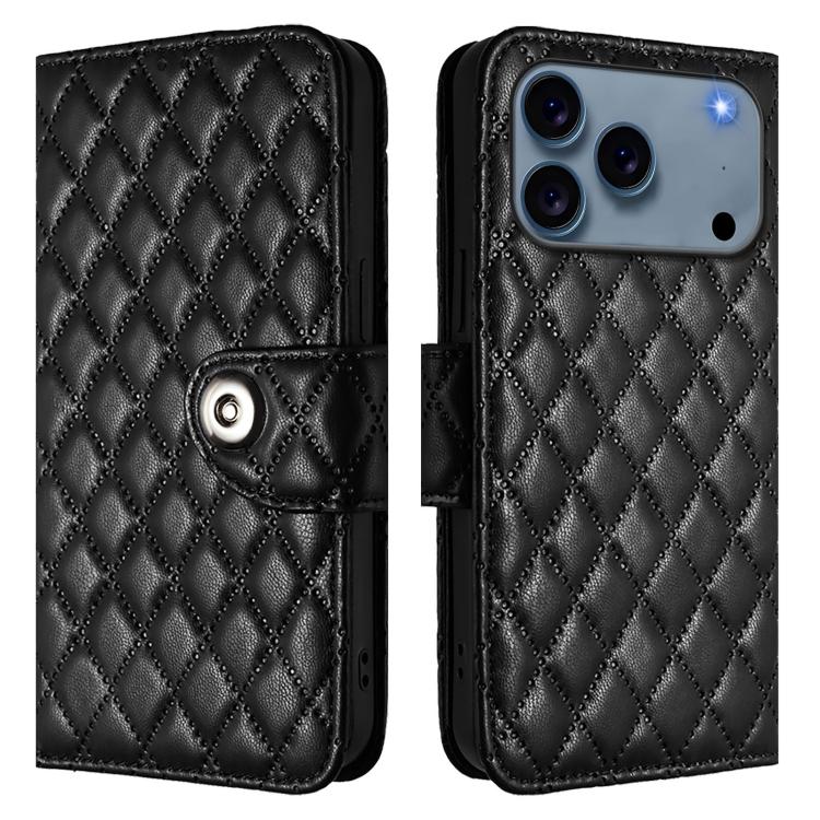 For iPhone 17 Pro Rhombic Texture Flip Leather Phone Case with Lanyard