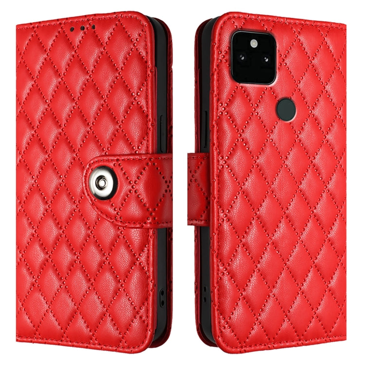 For Google Pixel 5a Rhombic Texture Flip Leather Phone Case with Lanyard
