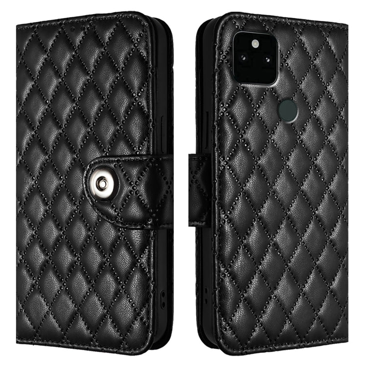 For Google Pixel 5a Rhombic Texture Flip Leather Phone Case with Lanyard