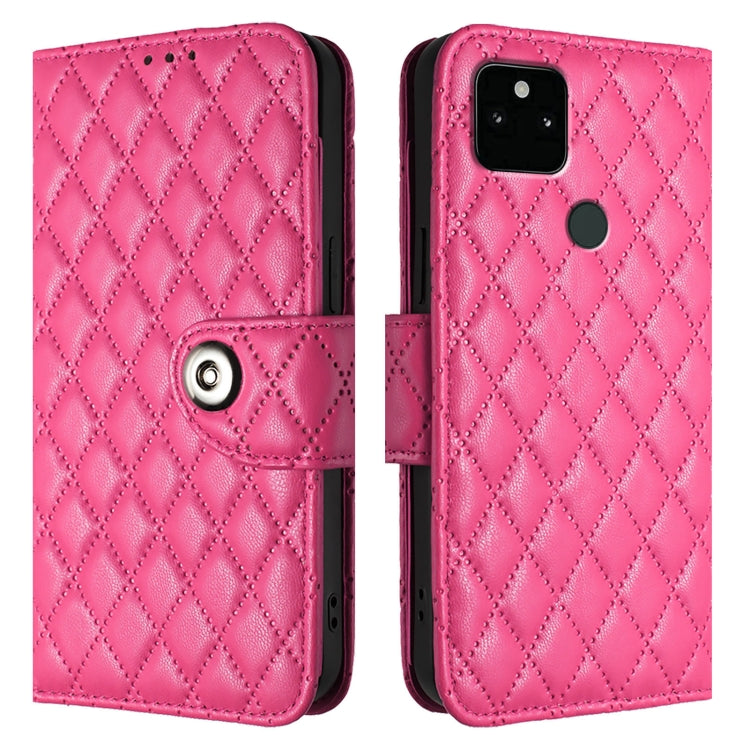 For Google Pixel 5a Rhombic Texture Flip Leather Phone Case with Lanyard
