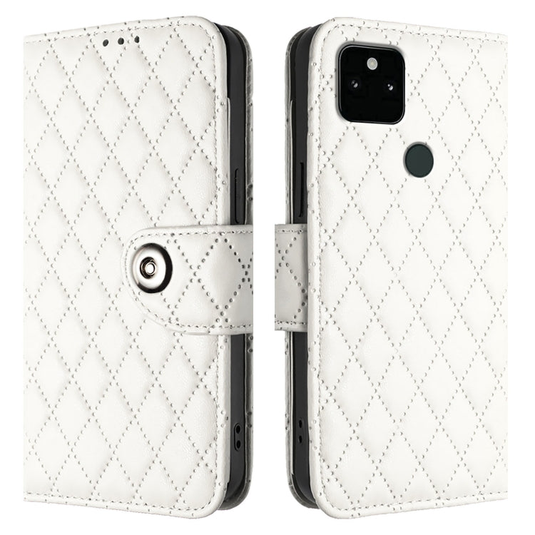 For Google Pixel 5a Rhombic Texture Flip Leather Phone Case with Lanyard