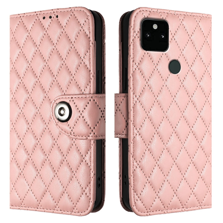 For Google Pixel 5a Rhombic Texture Flip Leather Phone Case with Lanyard