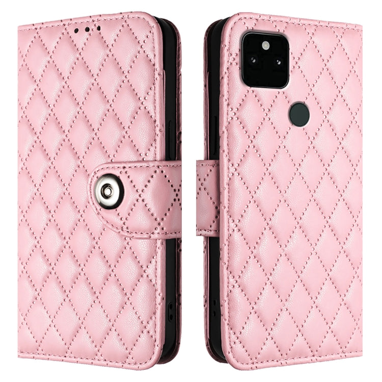 For Google Pixel 5a Rhombic Texture Flip Leather Phone Case with Lanyard